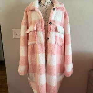 SHEIN Pink and White Plaid Teddy Jacket